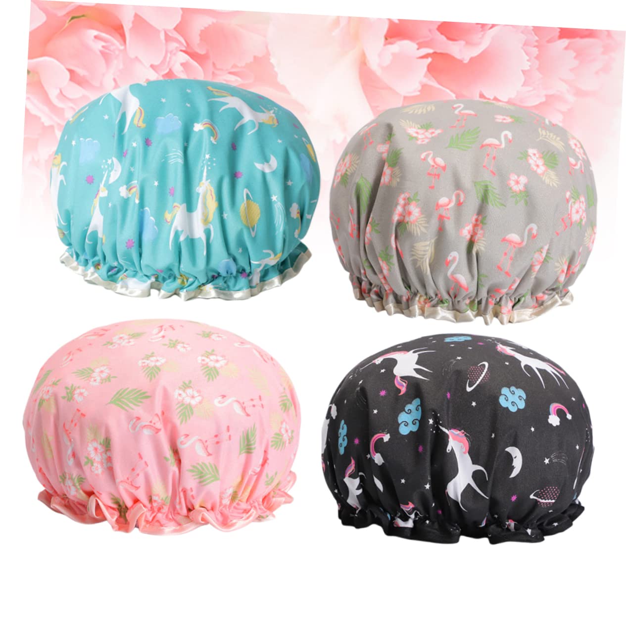 DOITOOL 8stücke Cartoon Duschhauben Doppellagige Elastische Badekappen Für Frauen Für Spa Reisen Und Duschen Flamingo Pegasus Design
