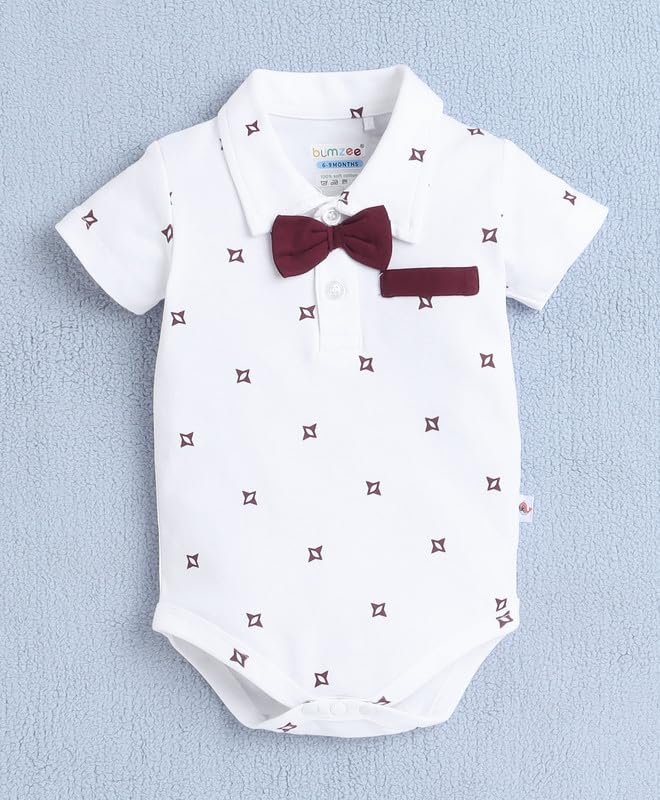 Image of BUMZEE Baby Boys Regular Fit Half Sleeves Collar Neck Cotton Bodysuit & Short Set With Bow Suspender & Cap