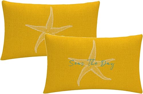 7COLORROOM Juego de 2 fundas de almohada rectangulares con diseño de estrellas de mar sobre fondo amarillo, diseño de mar costero, fundas
