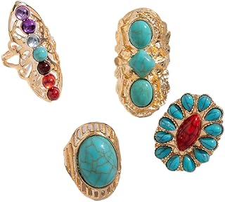 4 Pcs Bohemian Vintage Turquoise Oval Flower Rings for Women Geometric Ethnic Natural Stone Adjustable Silver Joint Knuckle Rings Western Cowgirl Statement Jewelry