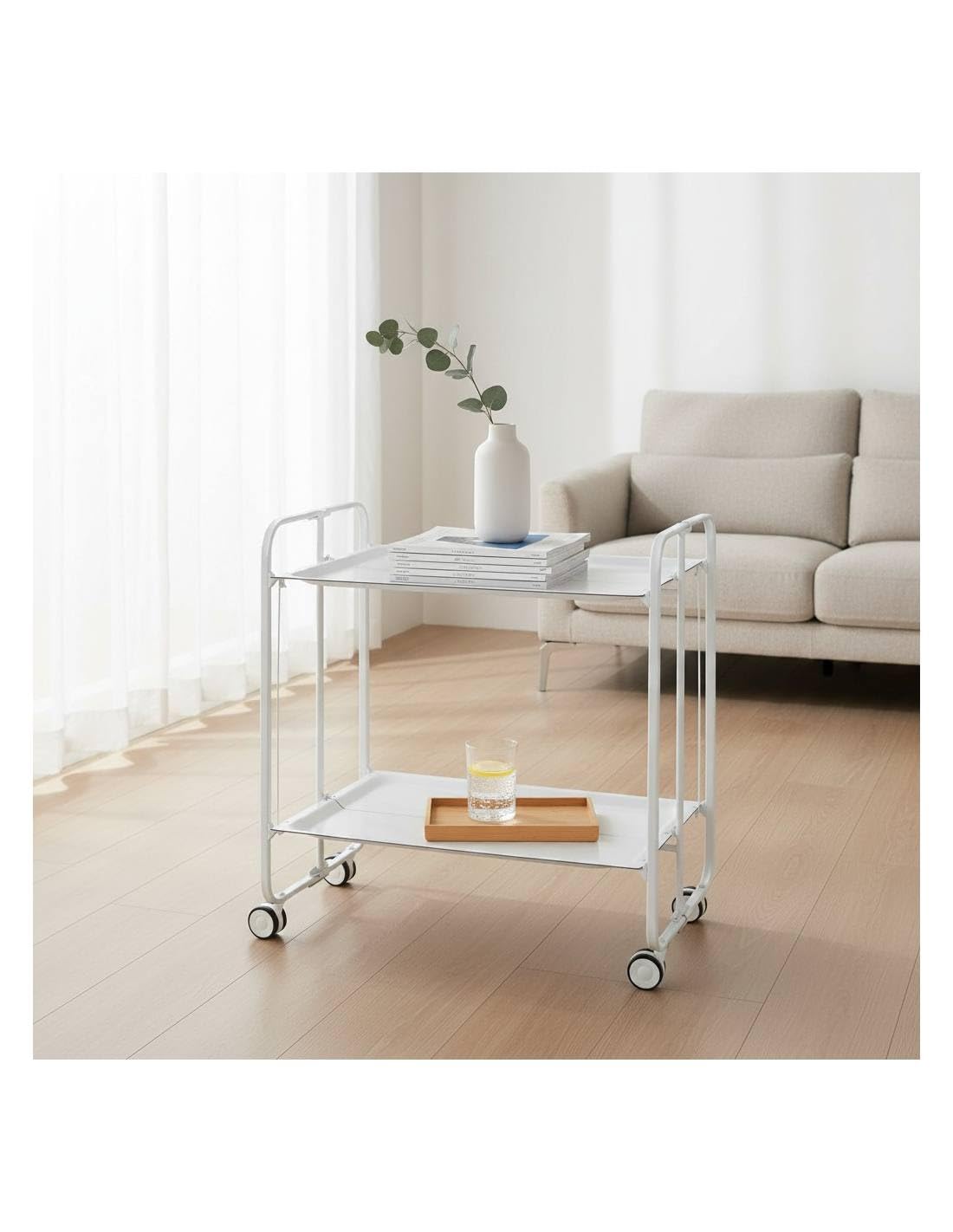 DON HIERRO - Table roulante Pliante Bauhaus châssis Blanc, 2 Plateaux-Blanc
