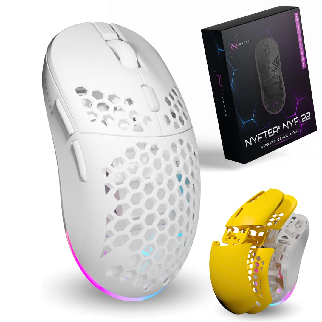 Nyfter - NYF22 Yellow-White Wireless Gaming Gen2 Mouse Ultraligero 75g Potente con 400mA 19K DPI, 400 IPS 1000 Hz 50h Duración de la batería Duradera Dos Cases intercambiables Incluye