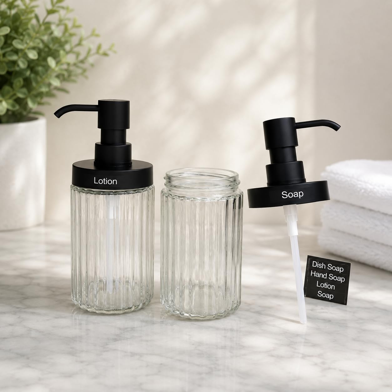 2 Pack Ribbed Clear Glass Soap Dispenser Set, 14.3 Oz Wide Mouth Refillable Hand & Dish Soap Dispensers with Matte Black Pump,Bathroom Countertop & Kitchen Sink image 5