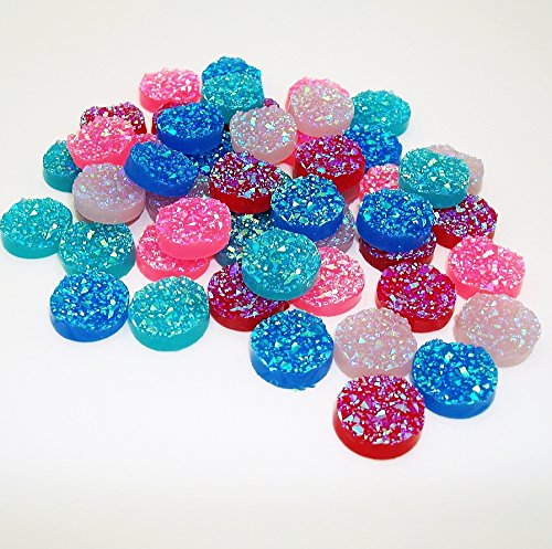 BeadsTreasure 50pcs- Mix Colors Druzy Resin Cabochons, Flat Round, Sparkly Glitter.