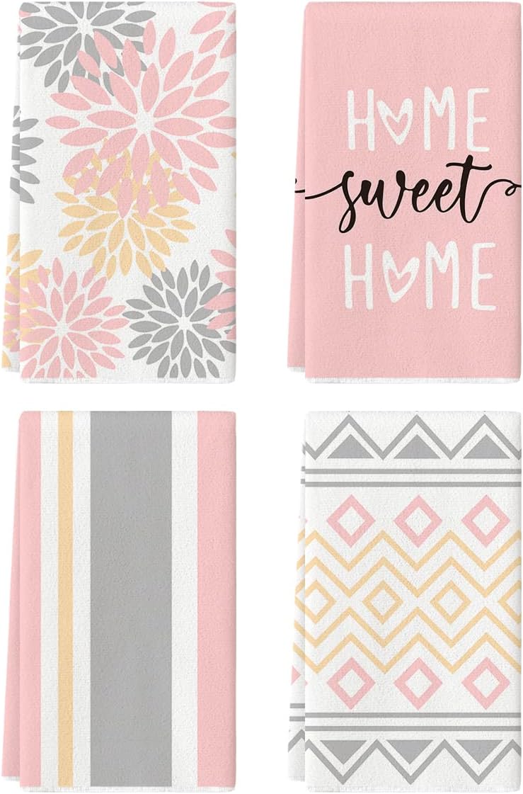 Artoid Mode Pink Stripes Home Sweet Home Boho Kitchen Towels Dish Towels, 18x26 Inch Wedding Decoration Hand Towels Set of 4