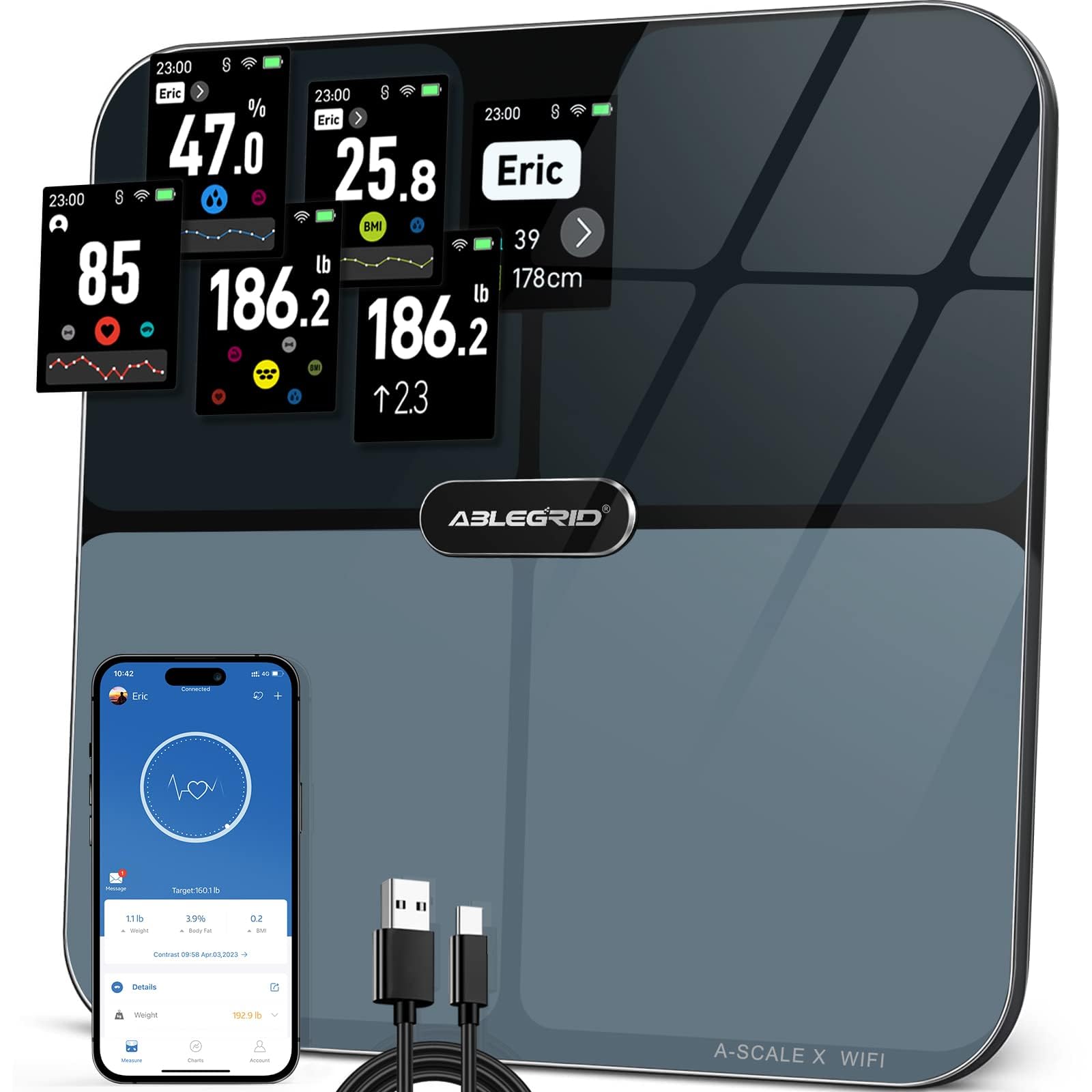 ABLEGRID Body Fat Scale,Digital Smart Bathroom Scale for Body Weight,Large LCD Display Screen,16 Body Composition Metrics BMI,Water Weigh,Heart Rate,Baby Mode,400lb,Rechargeable-Blacks