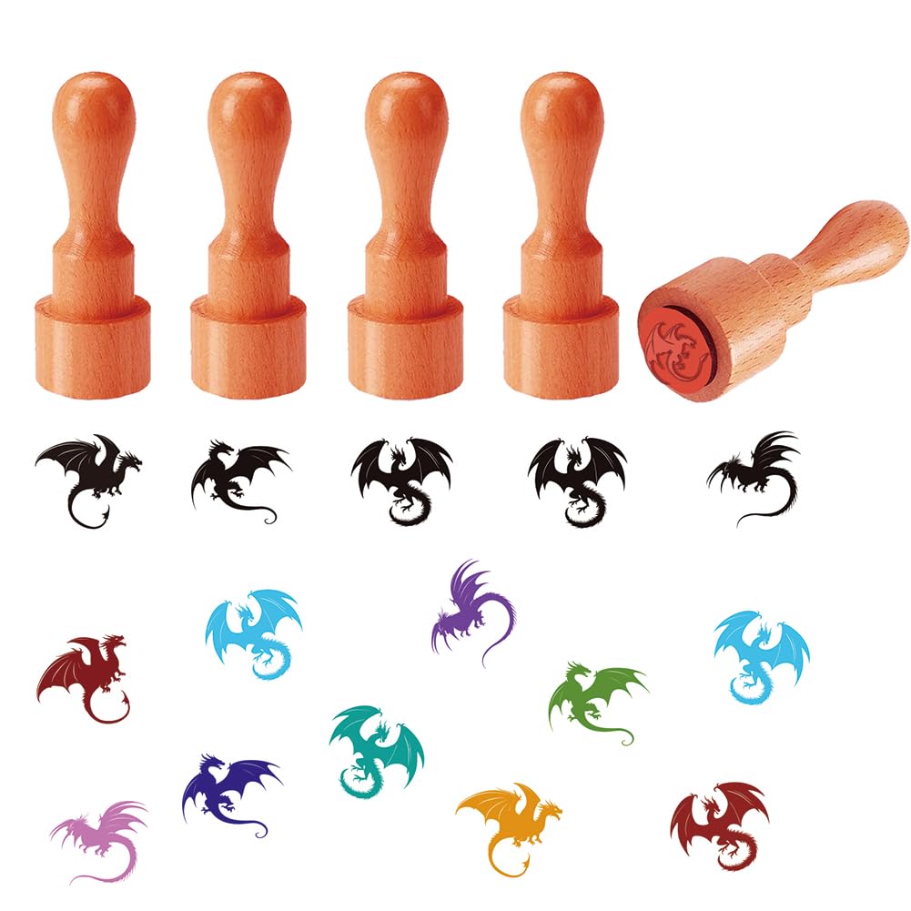AHANDMAKER 5 Styles Dragon Decorative Stamps Fairy Tale Dragon Pattern Mini Wooden Rubber Stamp for Scrapbooking Card Making Planner Decal