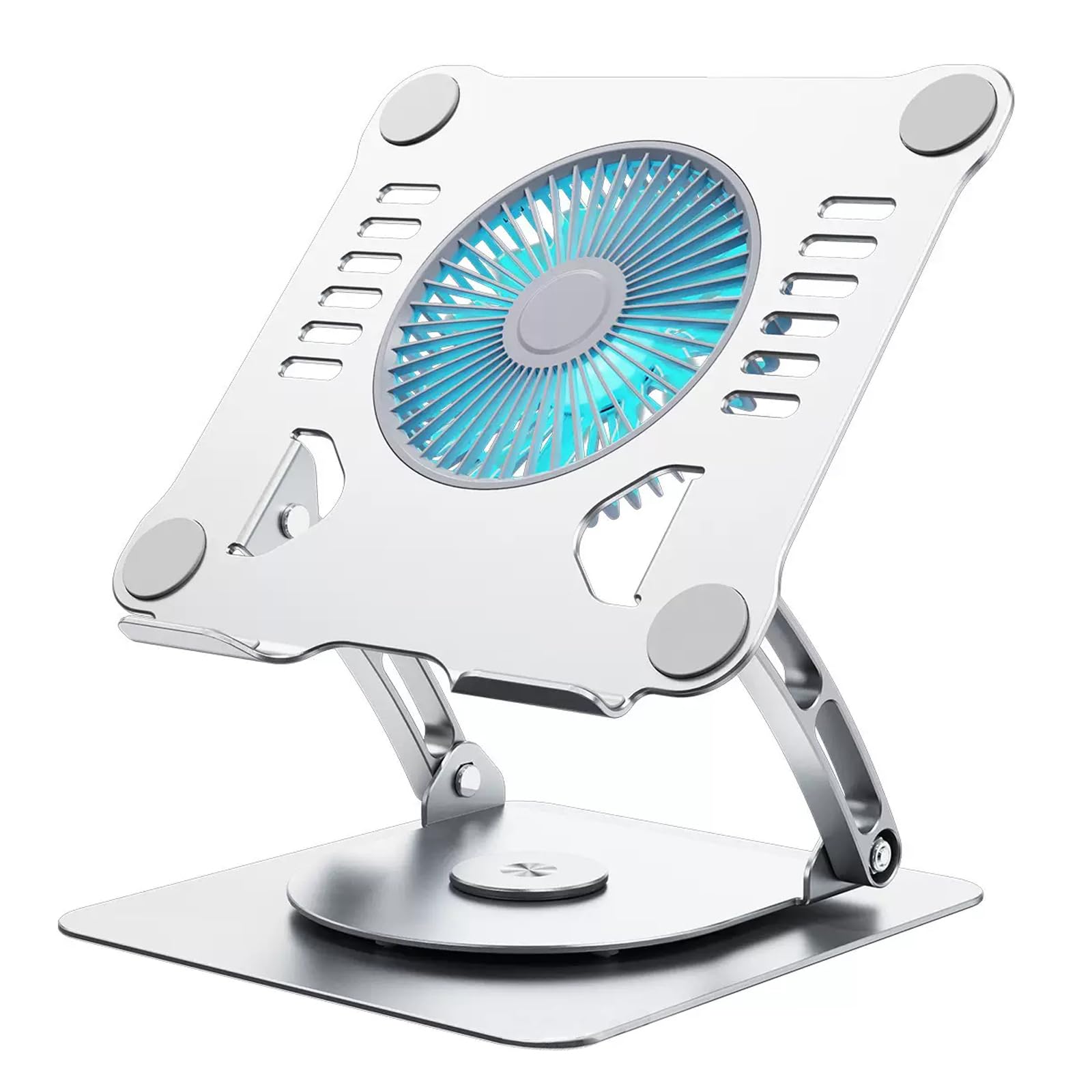 ノートパソコンスタンド 360回転式 低騒音大風量冷却ファン搭載 180°角度調節 シリコンゴム保護 高強度アルミニウム合金 ノートパソコン·iPad など対応 滑り止めパッド付き15.9インチまでのノートPCやタブレットに対応 折りたたみ式ノートパソコンスタンド 滑り止め (シルバー)