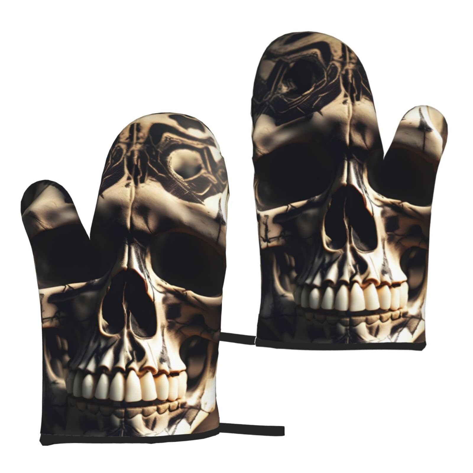 Nimongt Women's Black Skull Rock Roll Skeleton Bone Print Adults Universal Fit Heat Resistant Oven Gloves Reusable Cooking Outdoor Grilling
