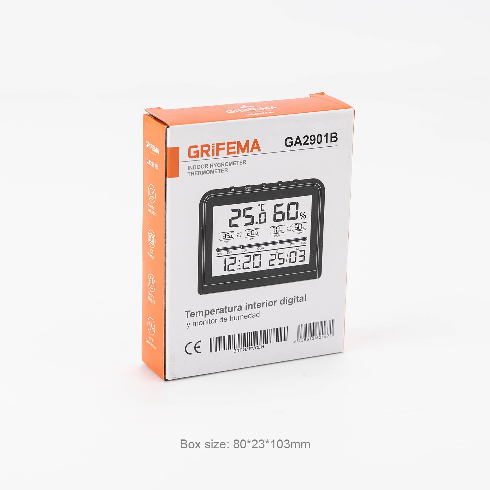 GRIFEMA GA2901B, Termómetro Digital Interior del Higrómetro, Digital Medidor de Humedad con Retroiluminación, Registro Máx/Mín, Reloj/Fecha, Ideal para Hogar/Invernadero, Negro