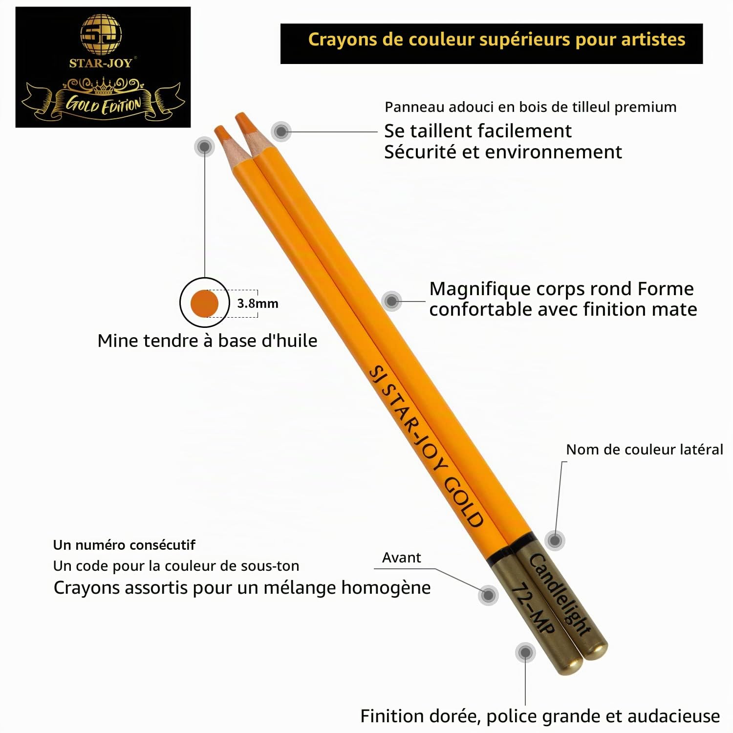 SJ STAR-JOY Gold Edition Lot de 120 crayons de couleur pour adulte - Crayons de couleur de qualité supérieure pour estompage des couches, cadeaux de vacances pour dessin d'artiste, crayons de couleur