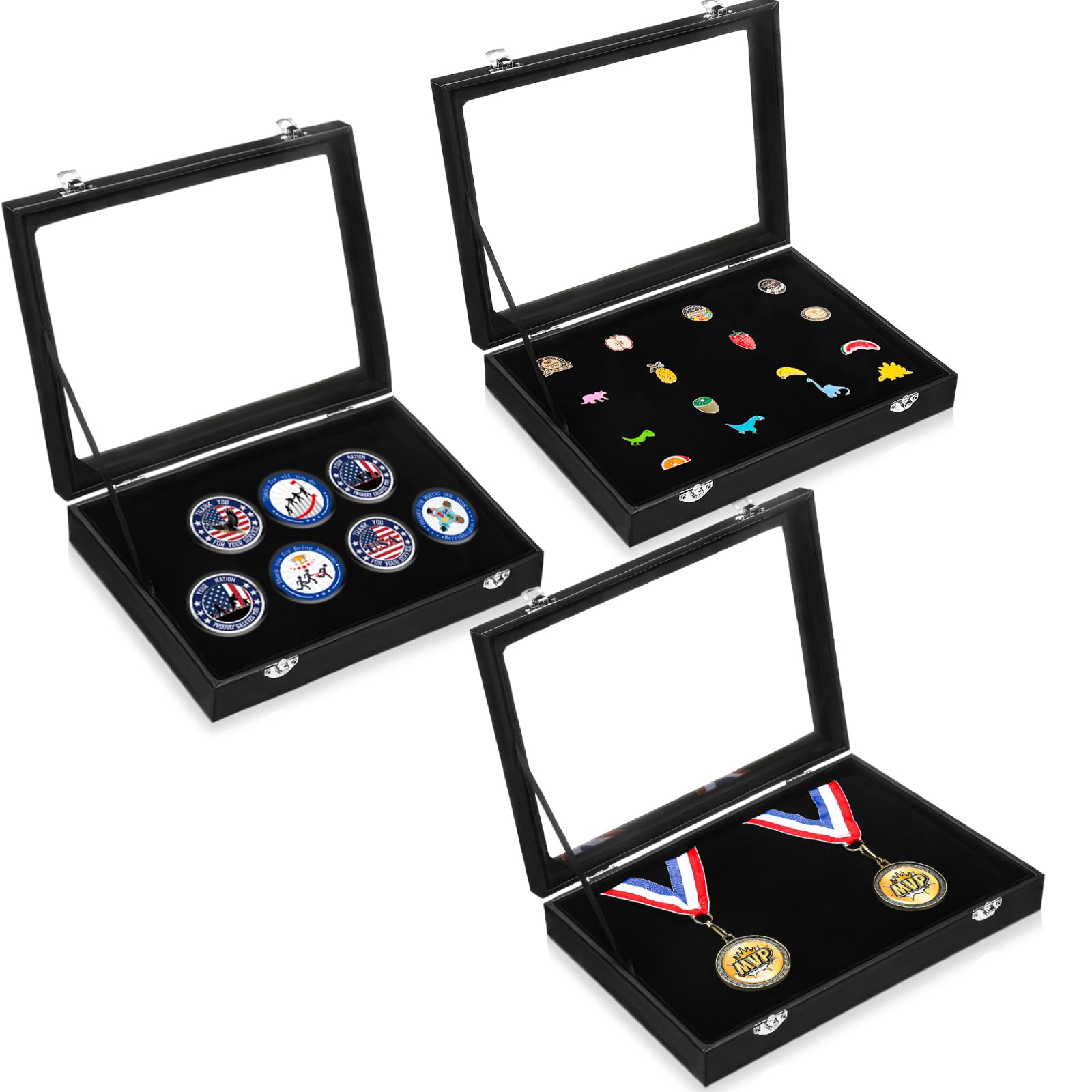 Junkin 3 Pcs Pin Badges Medal Shadow Box Solid Black Frame Lockable Display Case Military Flag Awards Lapels Badges Display Box Enamel Pin Holder for Collectibles Enthusiast Flag Display Case