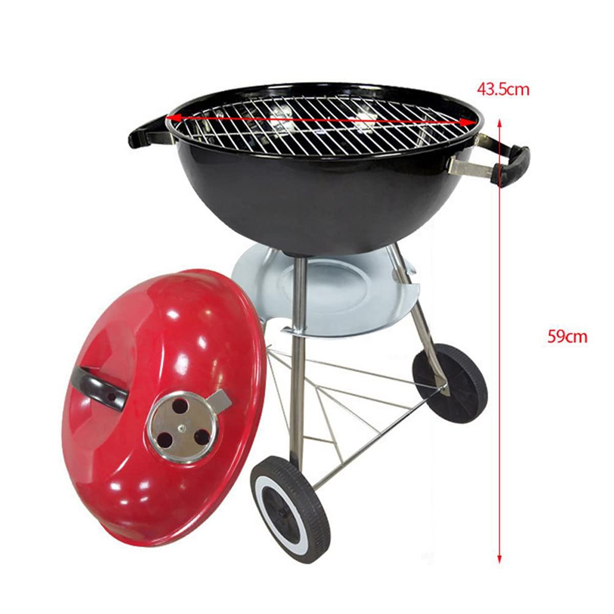 Barbecue Rotondo a Carbonella, 17" BBQ Carbonella Portatile per Giardino, Griglia a Sfera con Acciaio Cromato, Contenitore Carbonella Smaltato, Coperchio, 2 Ruote, 45cm X 19cm X 45cm