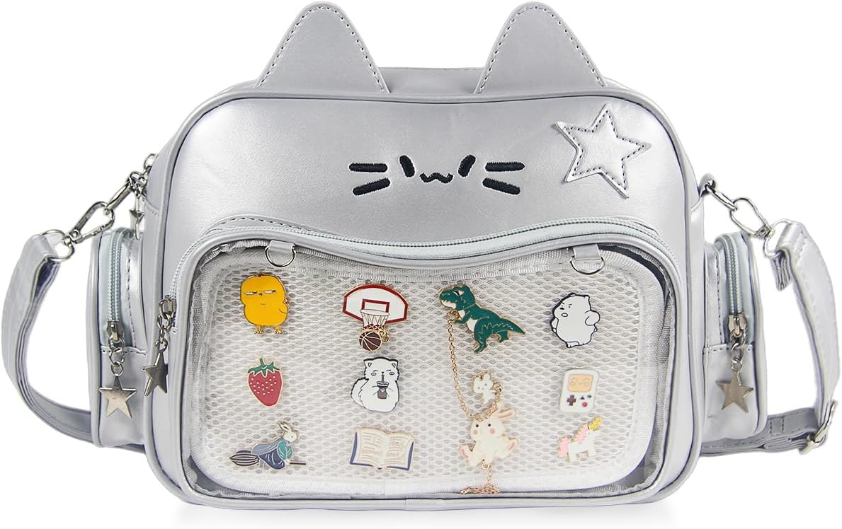 Cute Cat Ita Bag Backpack – Kawaii Pin Display Crossbody Bag for School & Cosplay, Silver