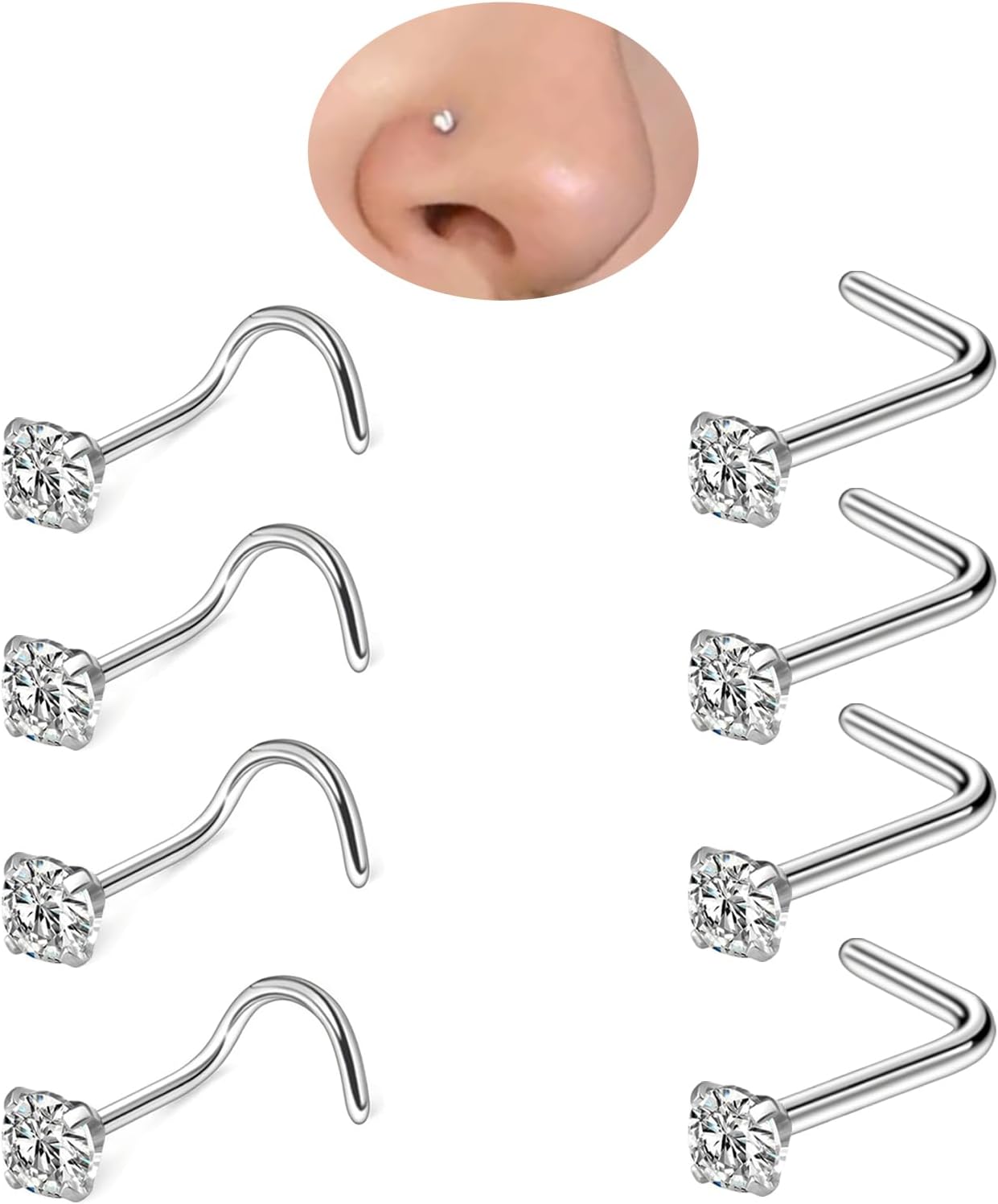Nose Rings Studs for Women Men: Hypoallergenic Gold Silver 316L Surgical Stainless Steel Septum L Shape/Corkscrew Nose Studs Body Piercing Jewelry Tragus Conch 20G 18G