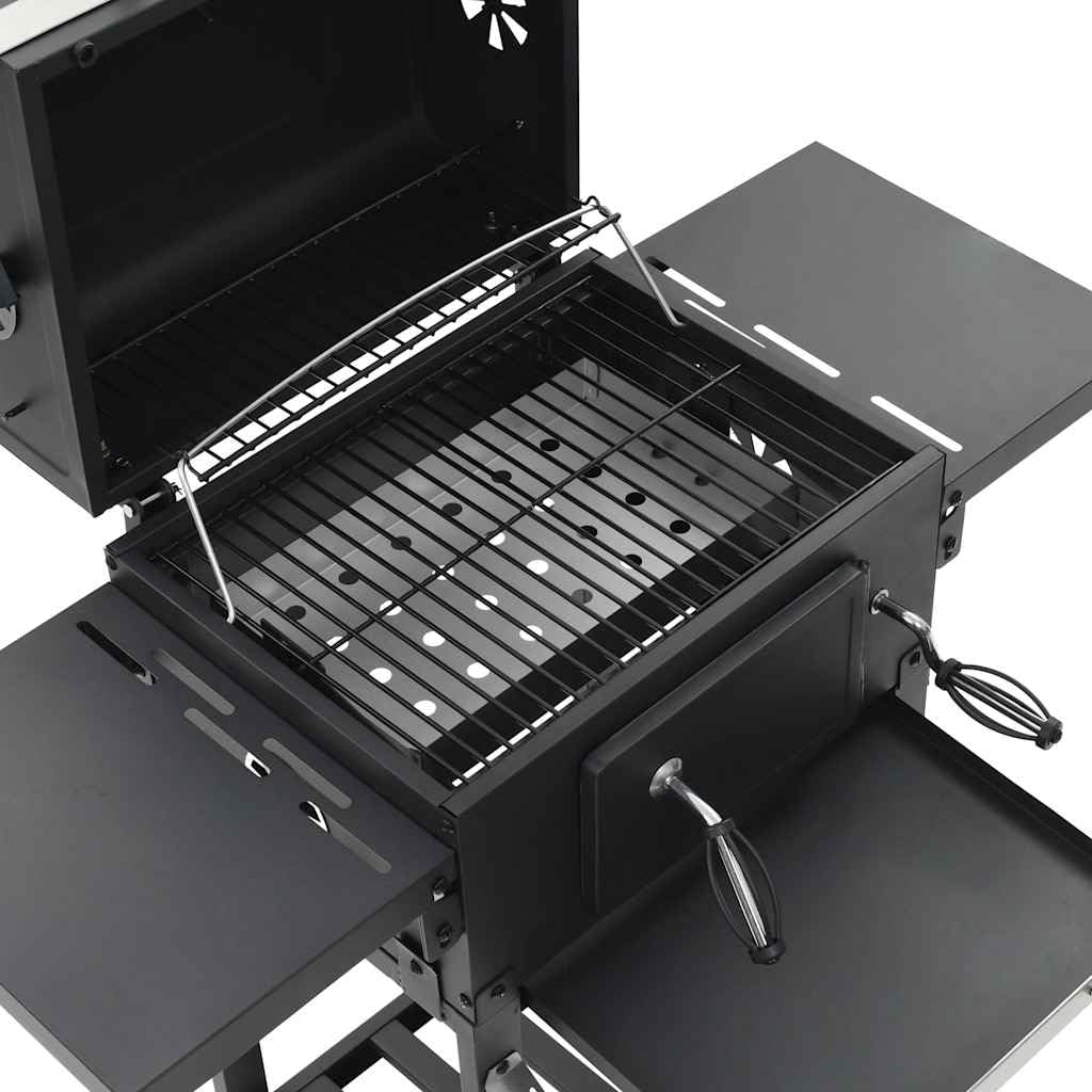 Griglia in carbonio con ripiano inferiore nero | Termometro integrato, 2 griglie smaltate, tavoli pieghevoli, 2 ruote, acciaio con rivestimento