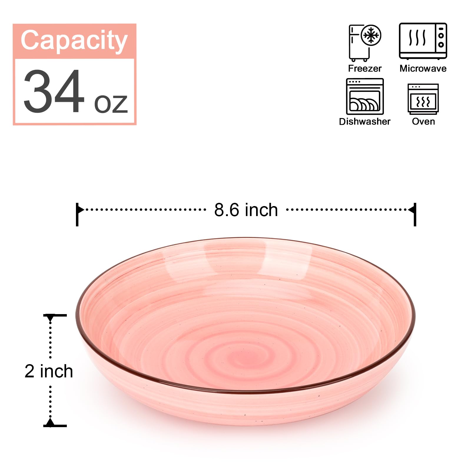 KitchenTour - Juego de 6 cuencos grandes para pasta de 34 onzas, cuencos de cerámica para servir ensaladas, 8.6 pulgadas de ancho y poco profundo para sopa, aptos para lavavajillas y microondas,