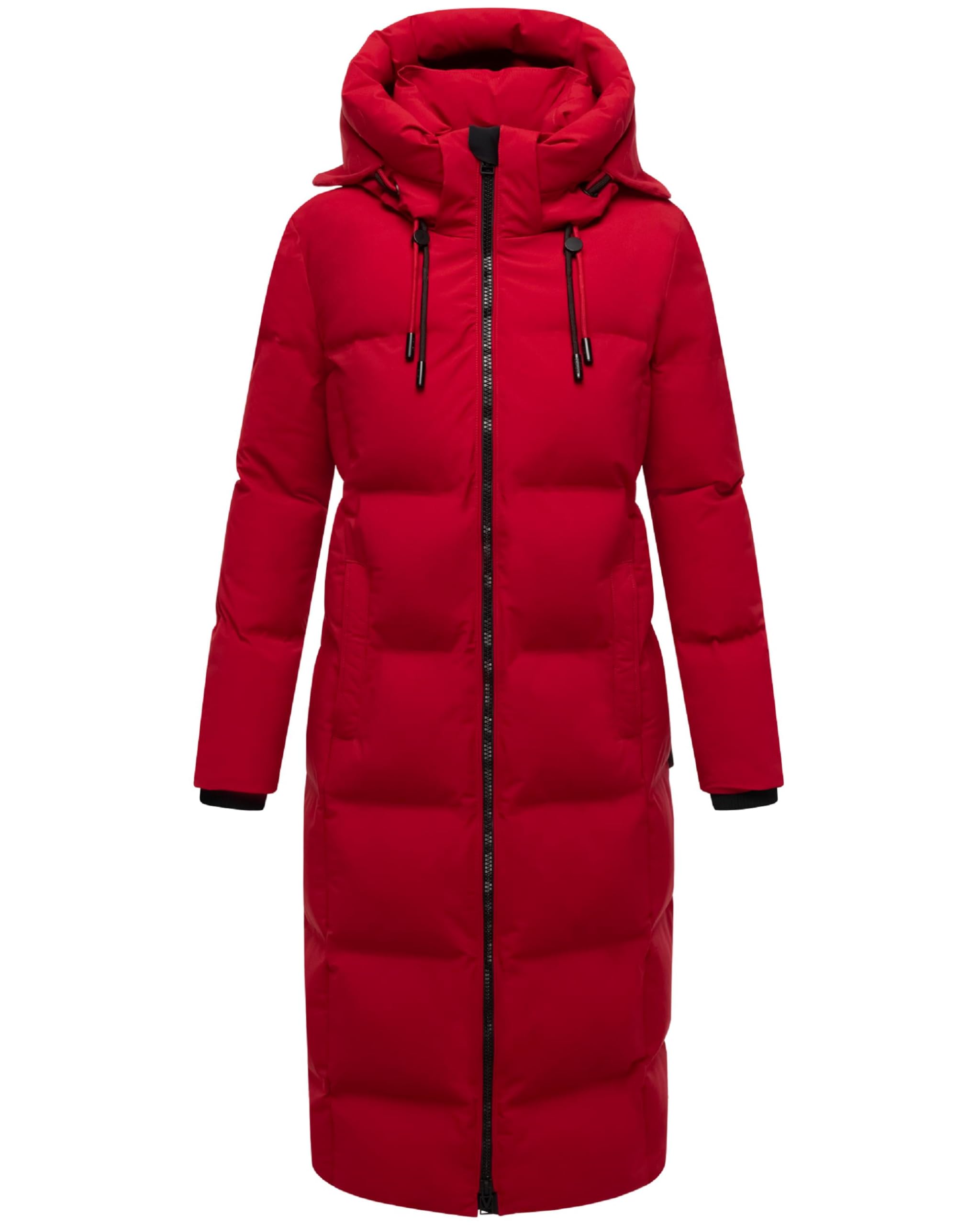 Marikoo Women's Deep Red Extra-Long Winter Coat, Warm Quilted Coat With Removable Hood Tikoraa16, Xs-5Xl, M