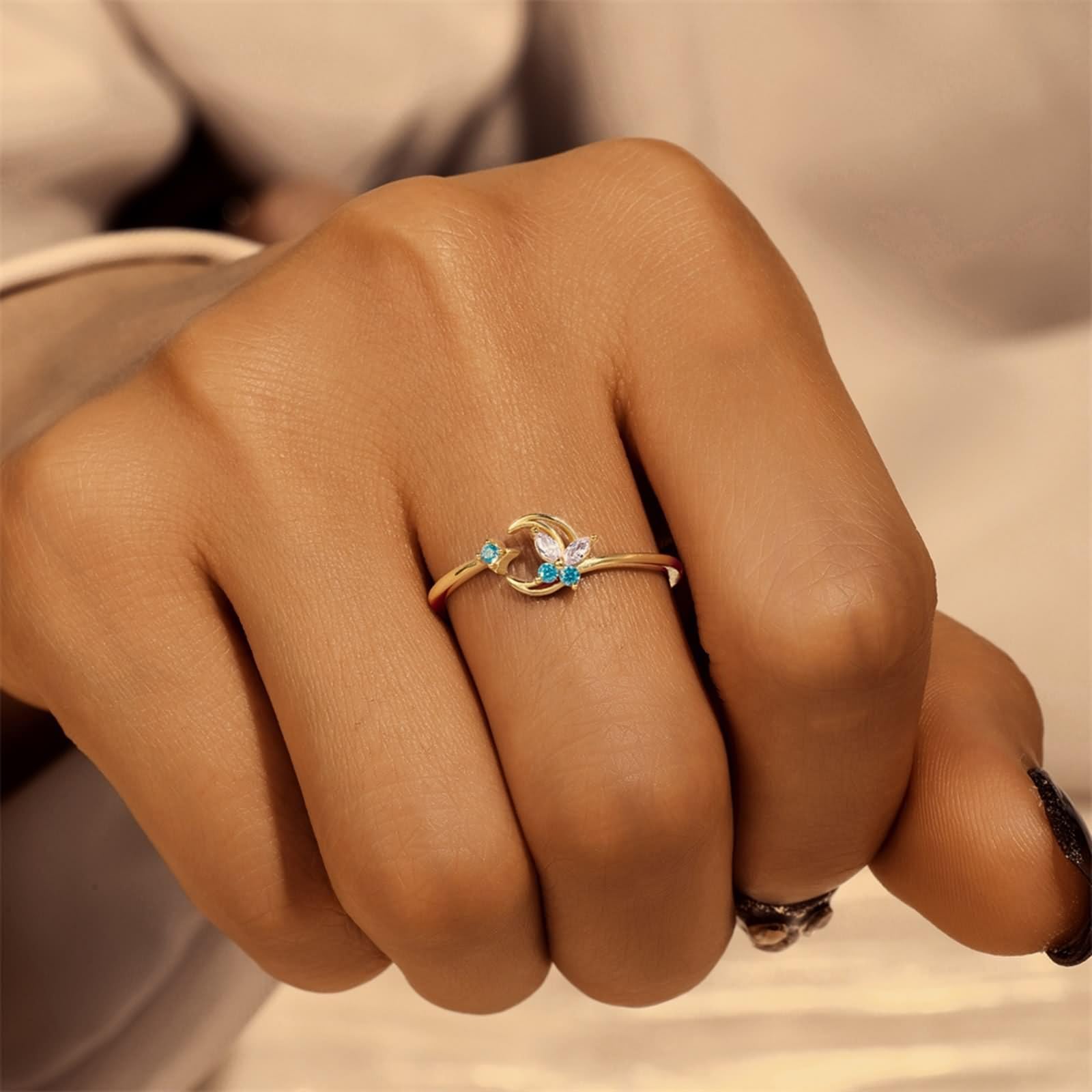 Anello promise, anello di fidanzamento, anello aperto con stella di luna e farfalla, regolabile con taglio marchese rosa, gemma artificiale in oro giallo