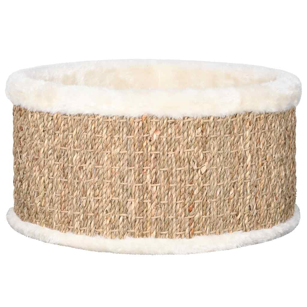 Katzenkorb Rund 36 cm – Katzenbett mit Seegras Kratzfläche und ultraweichem Plüsch, Gemütlicher Schlafplatz für Katzen, Stabiles Katzenzubehör, Beige