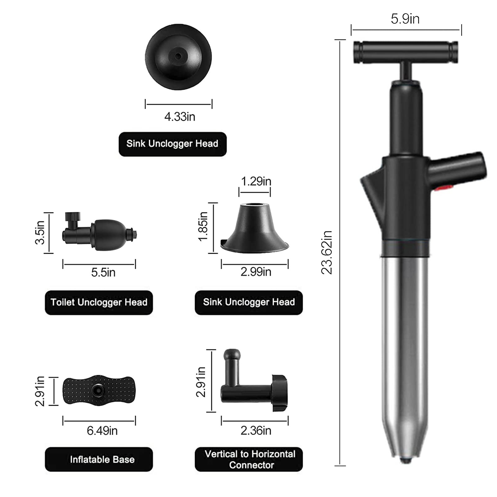 Sturalavandino Ad Aria Compressa, Pistone A Alta Pressione Draga, Drenatore Scarico Pulitore Pompa, per WC, Lavello, Pavimento, Lavabo può Essere Facilmente Cancellato Intasata,Nero