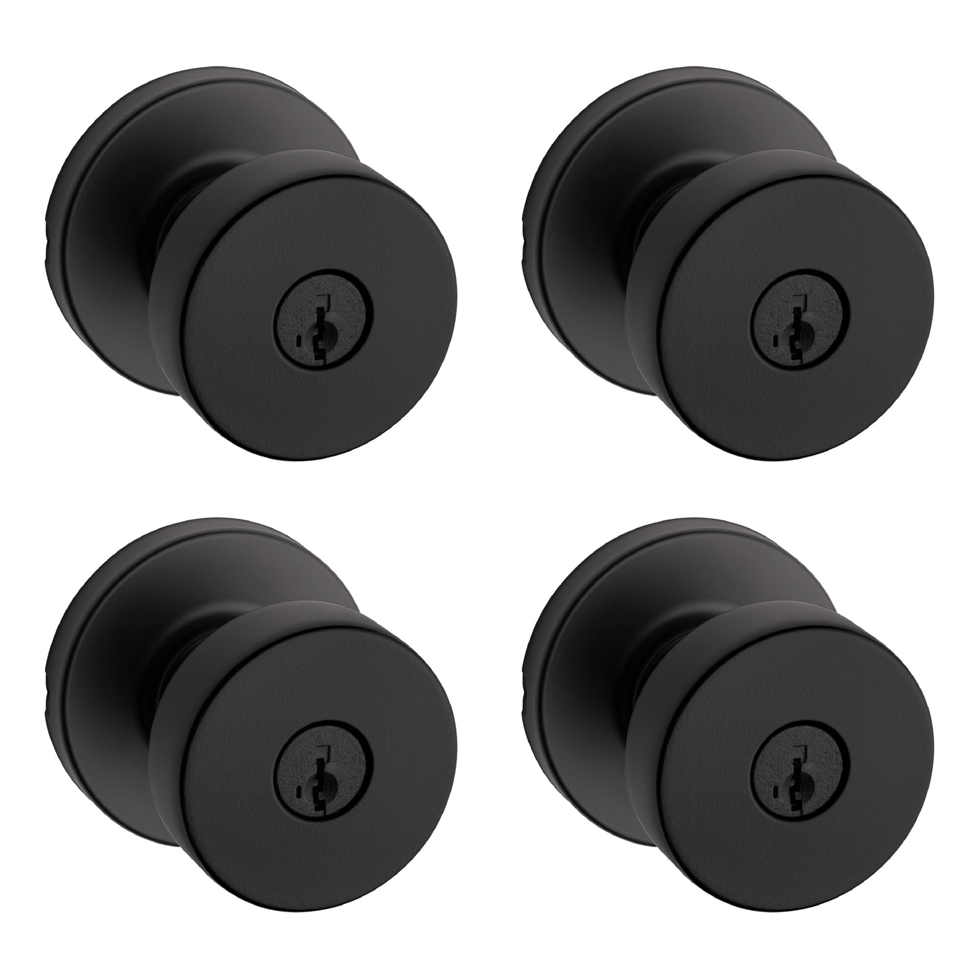 Kwikset Pismo Door Knob with Lock, Key and SmartKey, Matte Black 4-Pack