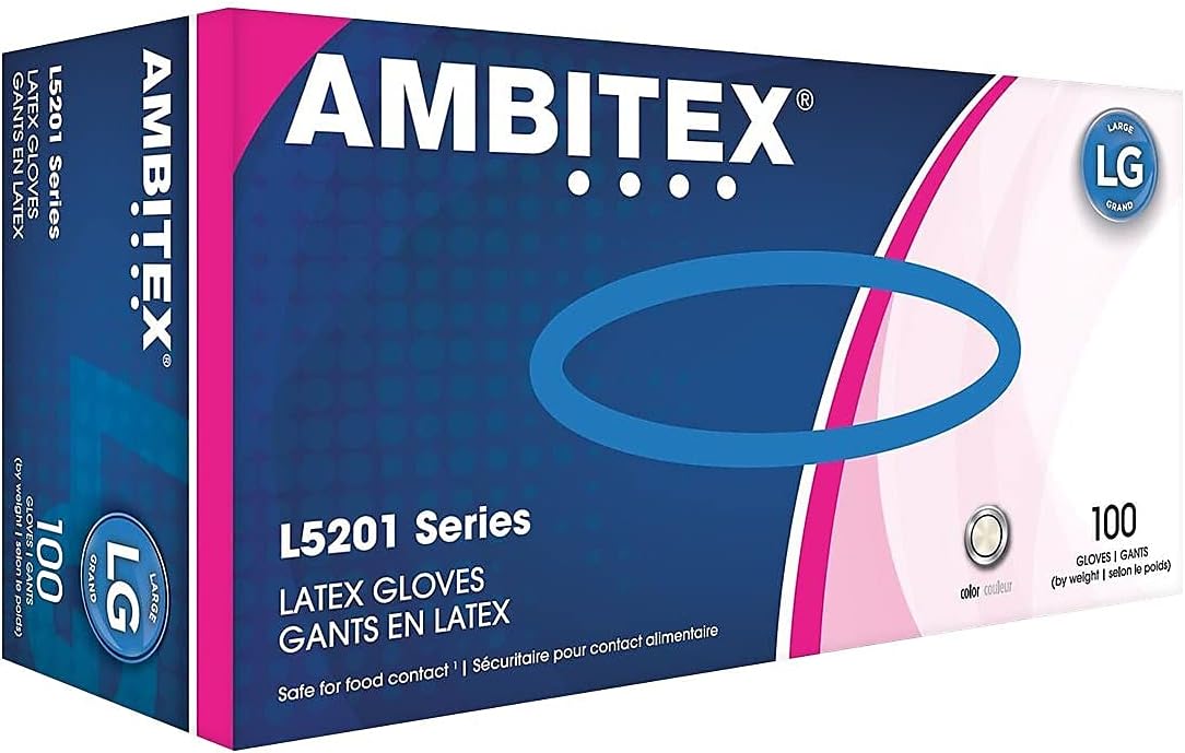 Ambitex LLG5201 Disposable Gloves, Latex, Large, Clear (Pack of 100)