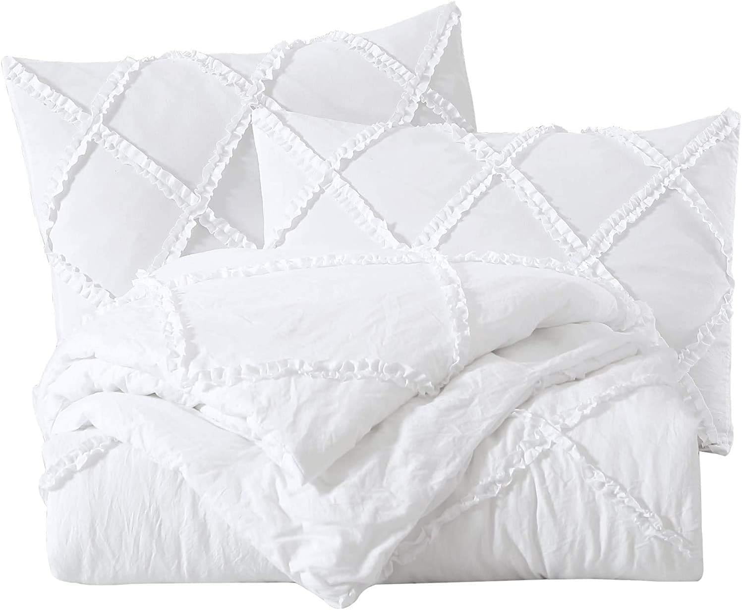 Chezmoi Collection Vivian 3-Piece Diamond Ruffle Quilted Trim Soft Washed Microfiber Comforter Set (Queen, White)