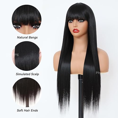 Miniatura 5 de Pelucas negras largas y rectas con flequillo para niñas, pelo de fibra sintética para niños, pelucas sin encaje, sin pegamento, resistente al calor,