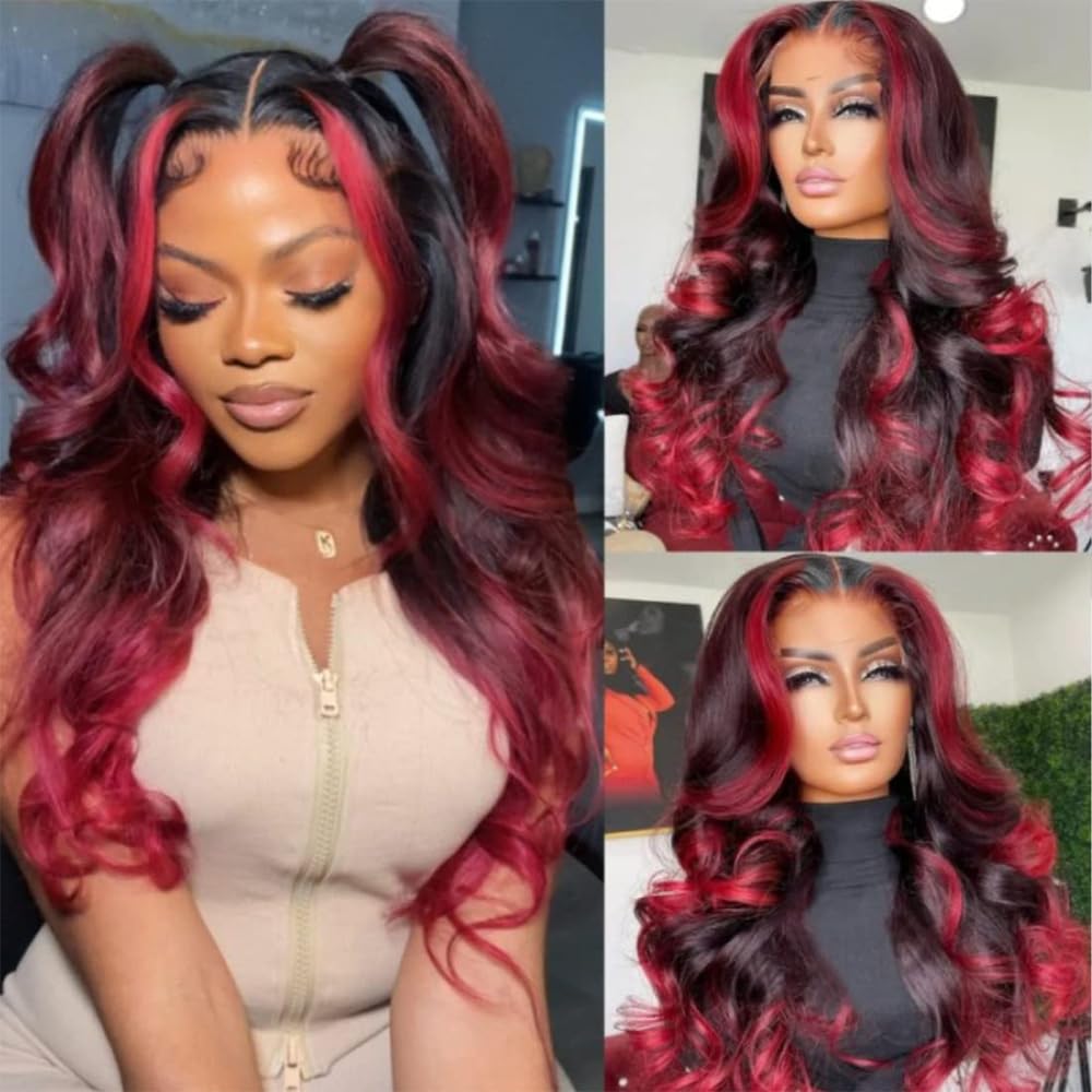 QD-Tizer Red Highlights Lace Front Wigs for Women Body Wave Middle Part Long Hair Wigs Glueless Red Mixed Black Color Long Wavy Wigs for Fashion Women Heat Resistant Natural Wave for Daily Party Use