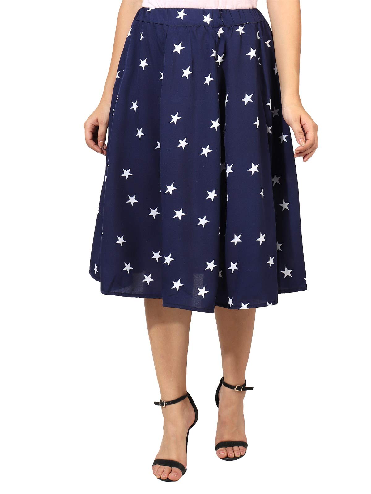 NavakshaWomen's Casual High Elastic Waist Star Design Pleated Polyester Skirts Mid Calf Length Skirt…