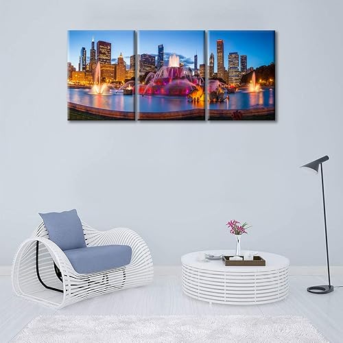 Miniatura 4 de American City - Lienzo decorativo para pared, 3 paneles extra grande de la ciudad de Chicago, impresión en lienzo grande del horizonte de la ciudad