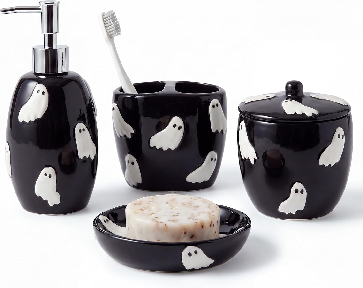 LemonRoad 4 Pcs Halloween Ceramic Bathroom Accessories Set Black 3D Ghost