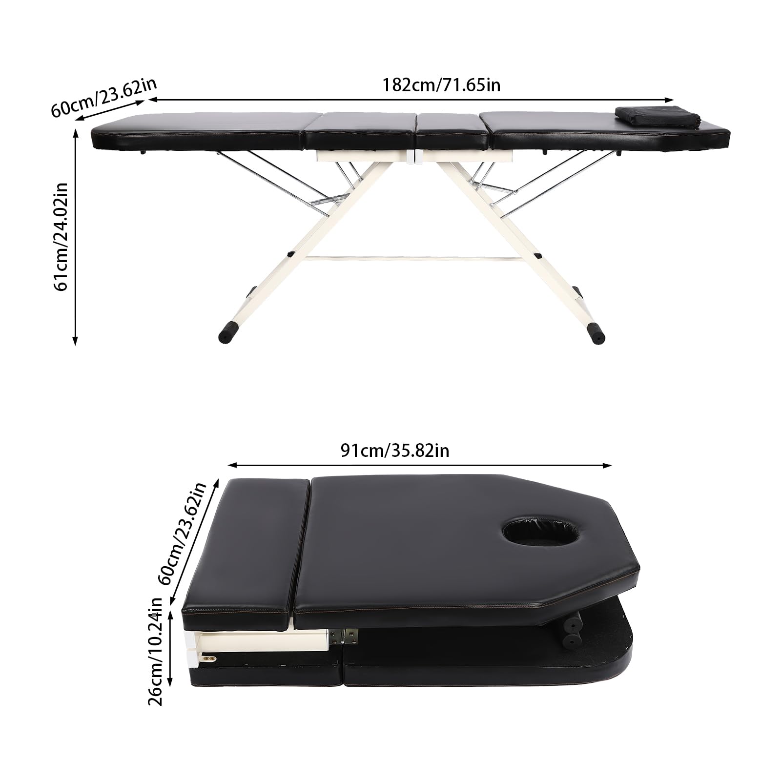 Camilla de masaje plegable con 3 zonas, respaldo ajustable y piezas de cama, mesa de masaje, cama de belleza, se puede utilizar en baños de pies, salones de salud, salones de belleza, etc. (negro)