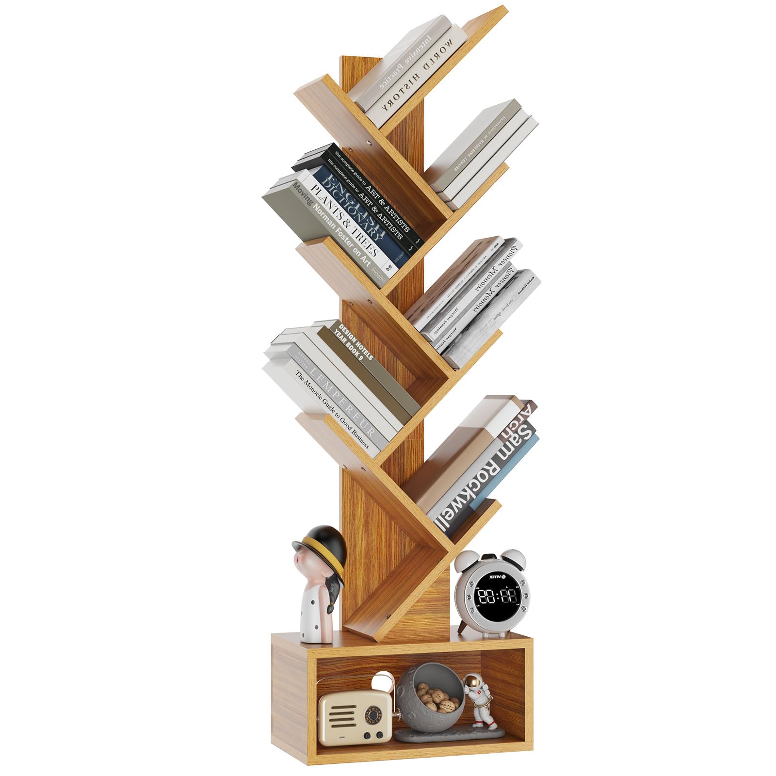 YMYNY 6 Tier Tree Bookshelf, Tall Bookcase, Wood Book Storage Rack with Drawer, Modern Floor Standing Book Shelf for Books/Movies/CDs, Utility