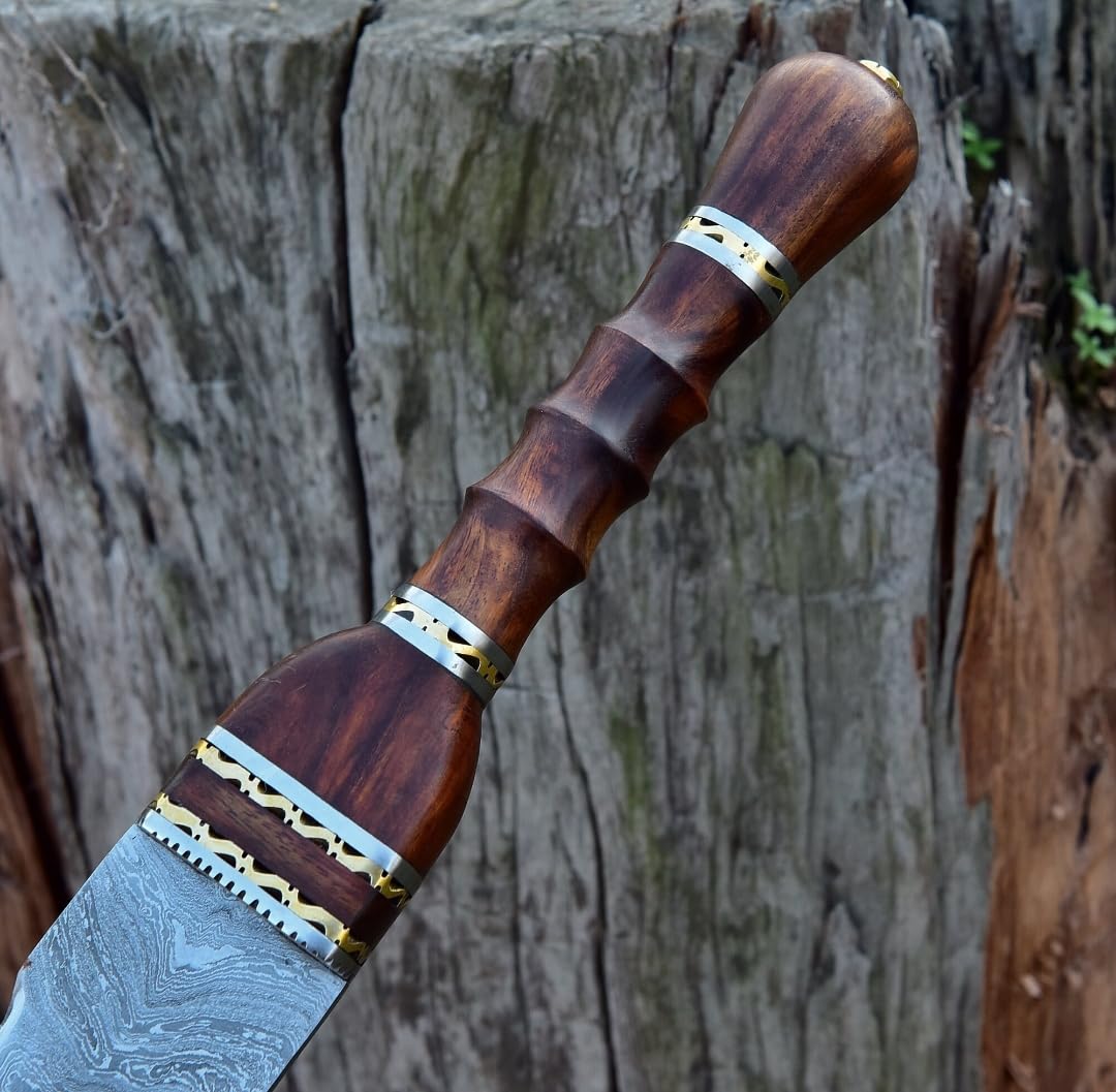 Empire - Damascus Steel Double Edge Viking Sword - Rose Wood Handle - Combat Sword - Hunting Sword with Leather Sheath - Best