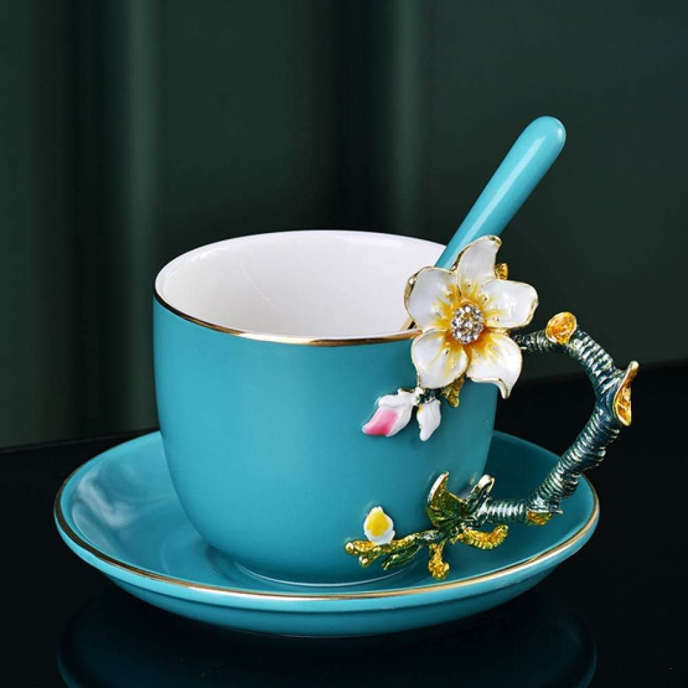 3D Colored Enamel Coffee Cup Set,Bone China Porcelain Apricot Blossom Tea Creative Drinkware,Black (Blue)