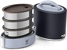 VAYA TYFFYN Black Polished Stainless Steel Lunch Box Without Bagmat, 1000 ml, 3 Containers, Black