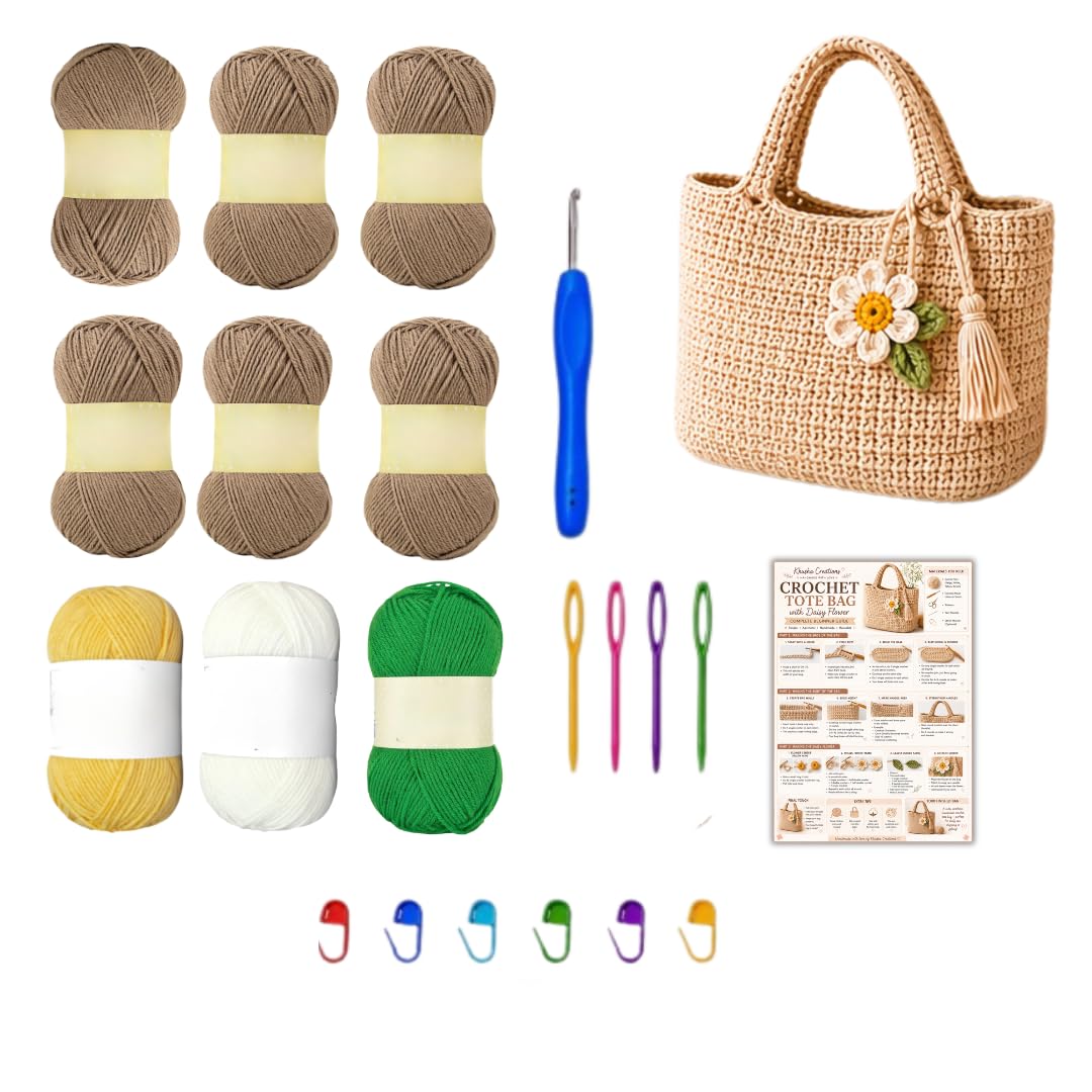 Crochet Tote Bag Making Kit for Beginners | DIY Crochet Bag Craft Kit with Cotton Yarn, Crochet Hook, Stitch Markers, Yarn Needles & Step-by-Step Instruction Guide | Gift for Adults & Teens-image-32
