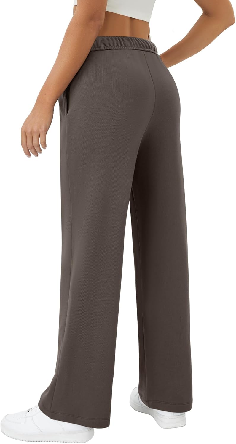 Womens Wide Leg Sweatpants Interior Drawstring Baggy Sweat Pants with Pockets Elastic Waisted Lounge Casual Trousers Coffee - Image 2