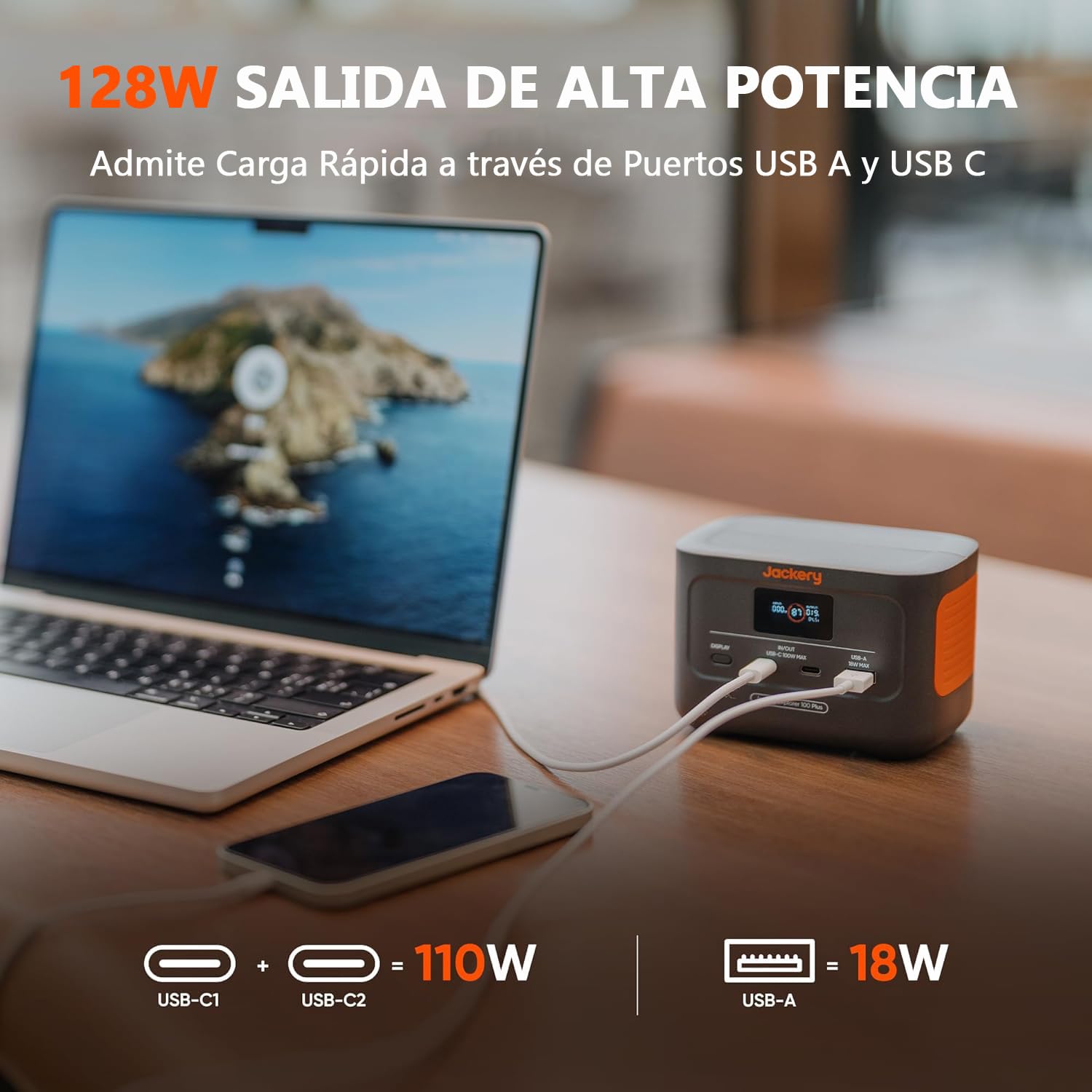 Jackery Explorer 100 Plus Estación de Energía Portátil 99Wh/31000mAh | Batería LiFeP04, 3 Puertos USB-A/C 128W Salida Max, Tamaño de Palma de mano para Viajes de Negocios, Excursiones
