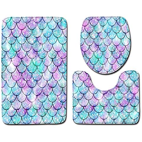 Watopi 3 Pcs/Set Creative Bath Mats, Fancy Fish Scale Mermaid Colourful Non Slip Bathroom Rugs Set Toilet Carpet Doormats Décor Pedestal Backing Non-slip Rubber Contour Toilet Lid Rug Cover