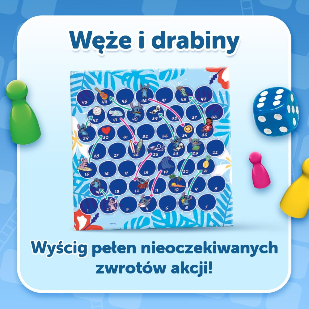 Trefl - Chińczyk, Węże i Drabiny: Lilo & Stitch - Gra 2w1, Rodzinna Klasyczna Gra Planszowa z Bohaterami Bajki Lilo & Stitch, Dwustronna Plansza, Proste Zasady, Dla Dorosłych i Dzieci od 4 lat