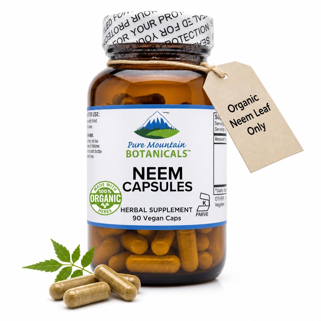 Pure Mountain Botanicals Neem Capsules - Organic 500mg Neem Leaf - 90 Vegan Kosher Capsules - Supplement for Skin and Wellness Support