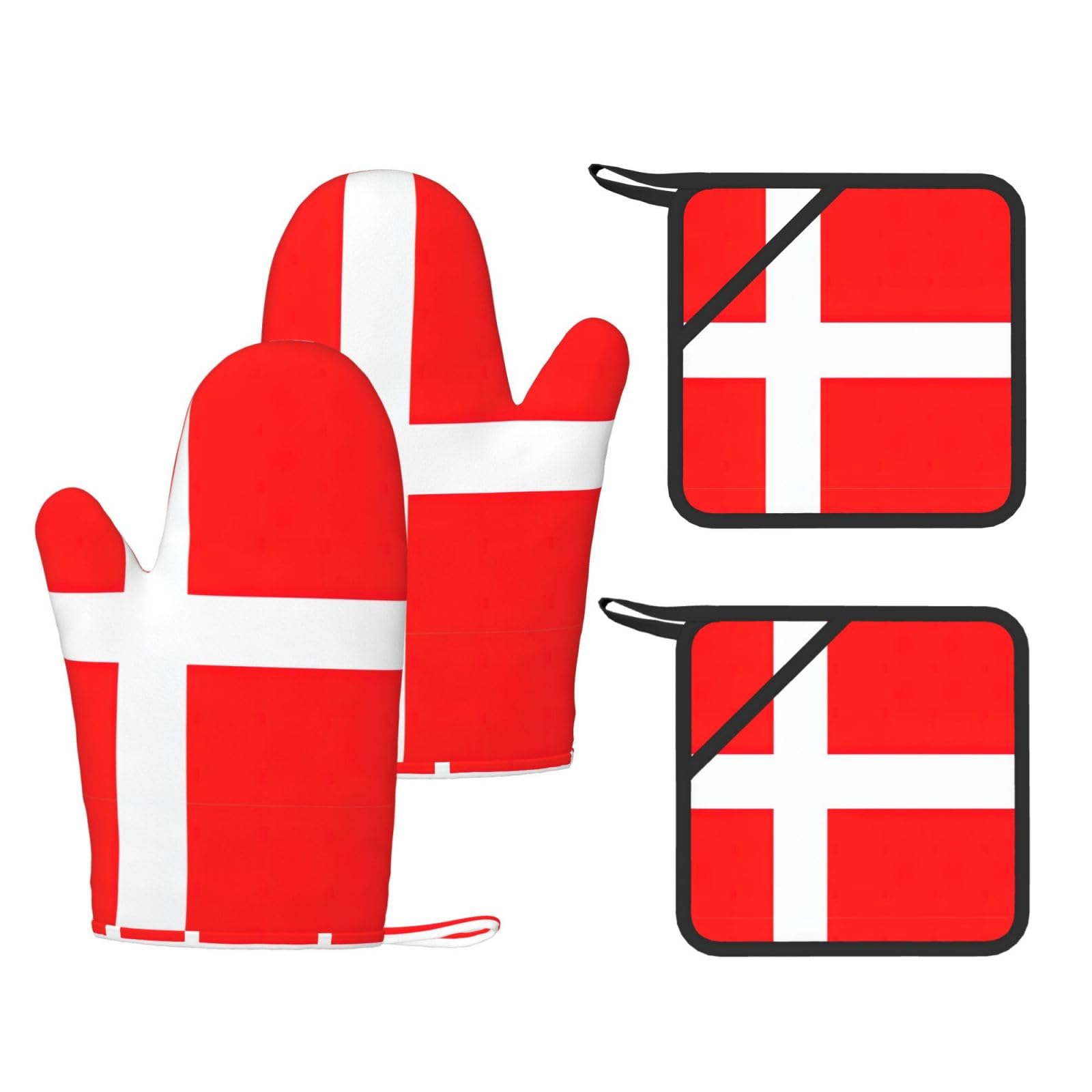 Denmark Danish Flag Fashion Printed Kitchen Kit with Heat Resistant Oven Mitts & Non-Slip Hot Pads for Baking