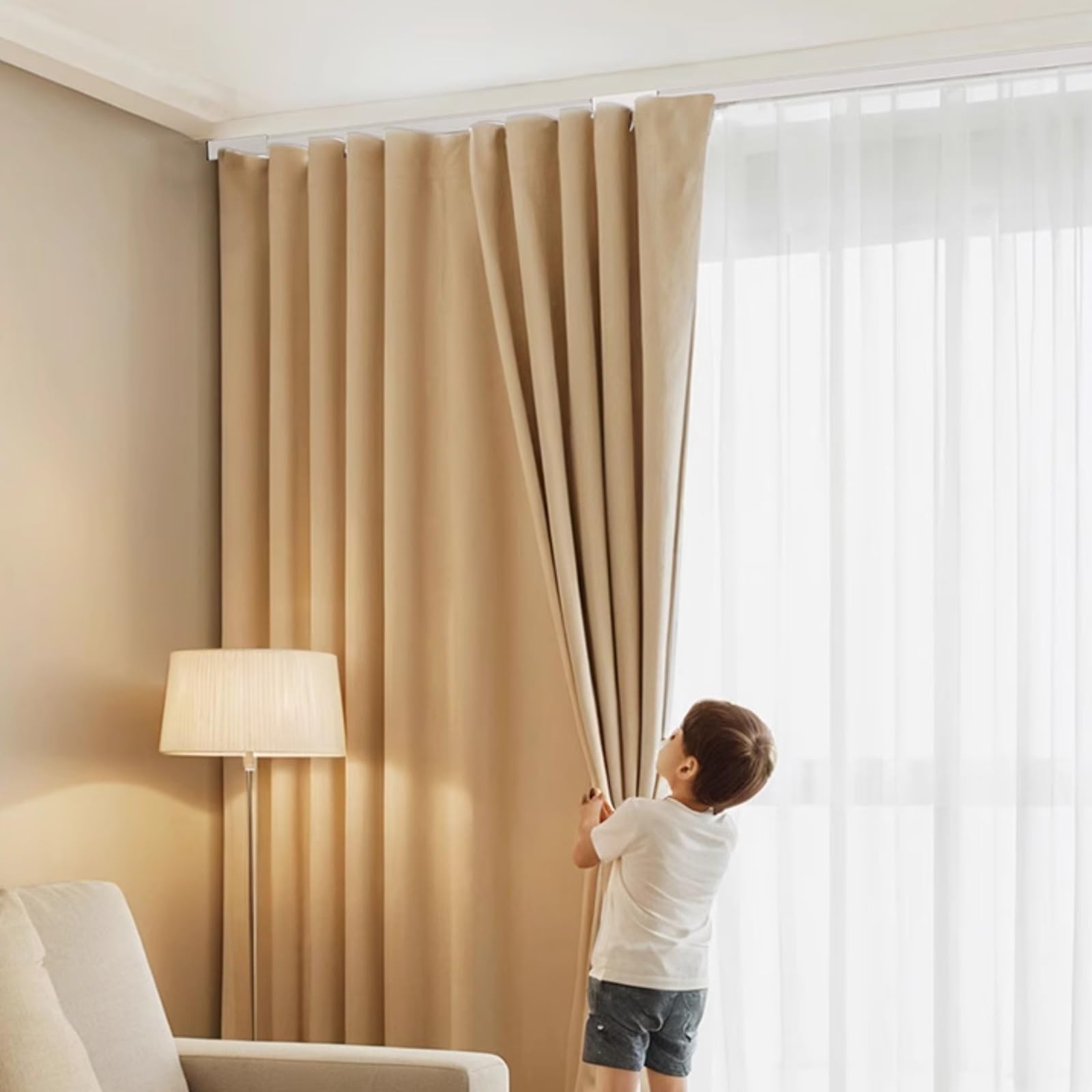 Binario Per Tende Doppio, Bastone Tenda Soffitto In Alluminio, Resistente Binario Tenda Soffitto Silenziose E Lisce Per Divisorio Tra Soggiorno E Camera Da Letto(White,2.1m)