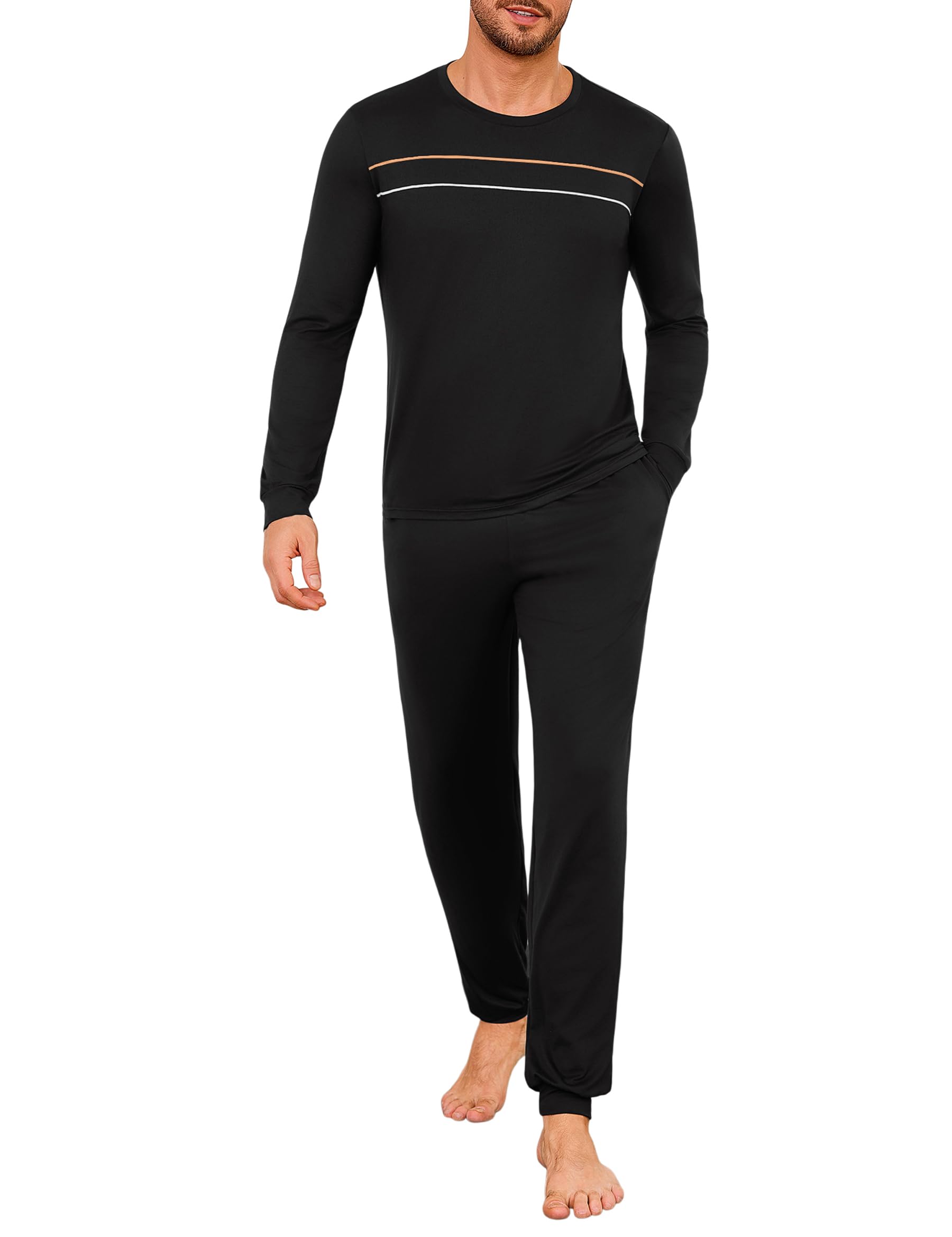 Marvmys Herren Schlafanzug Lang Winter Baumwolle Pyjama Set Rundhals Taschen Verstellbarer Bund Bequeme Nachtwäsche