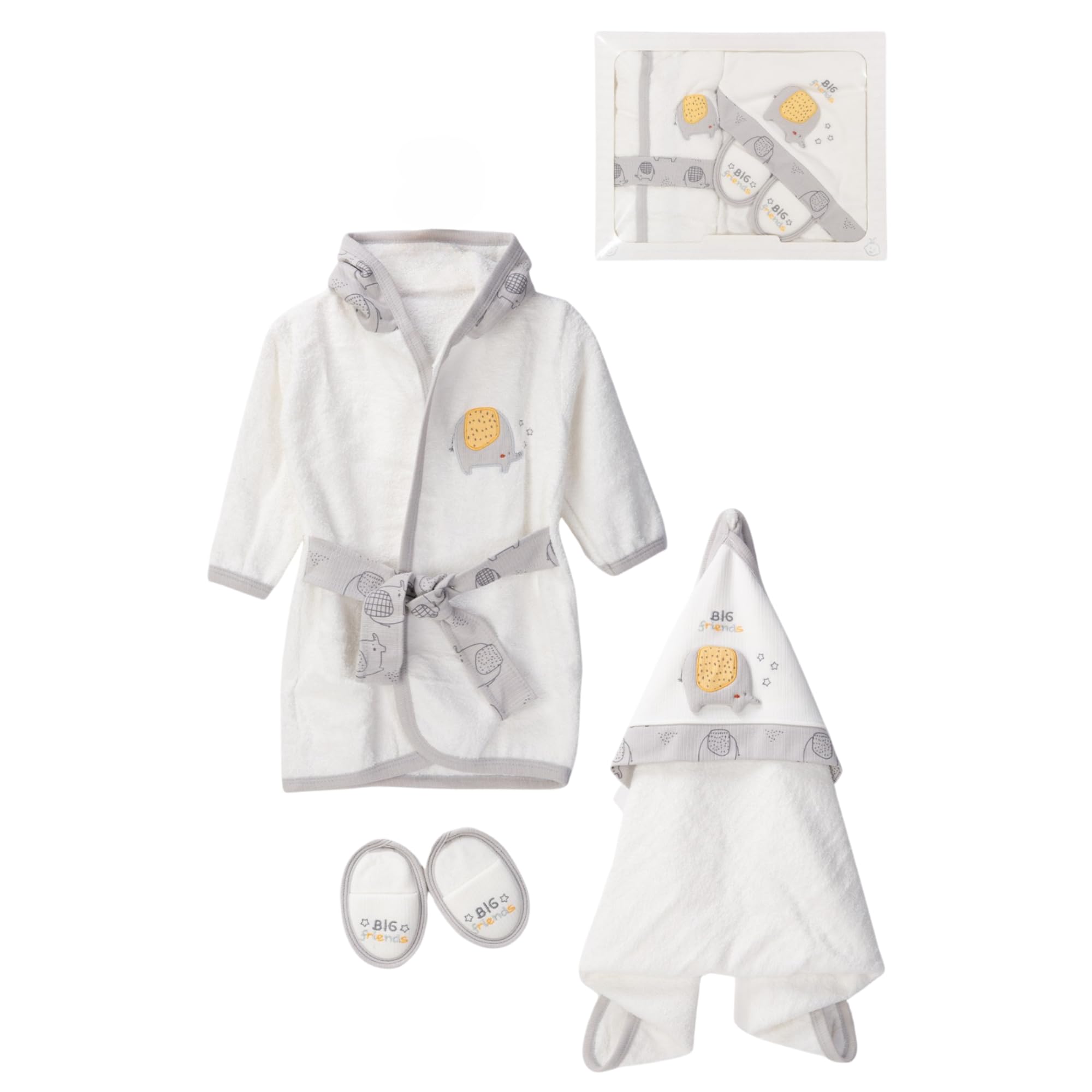 Bebelop Boys Gray-Elephant Kids And Baby Bathrobe Set 3 Pcs | Cotton Bathrobe, Towel And Slippers Set For 0-24 Months Baby And Child | Soft Babys Bathrobes For And Girls