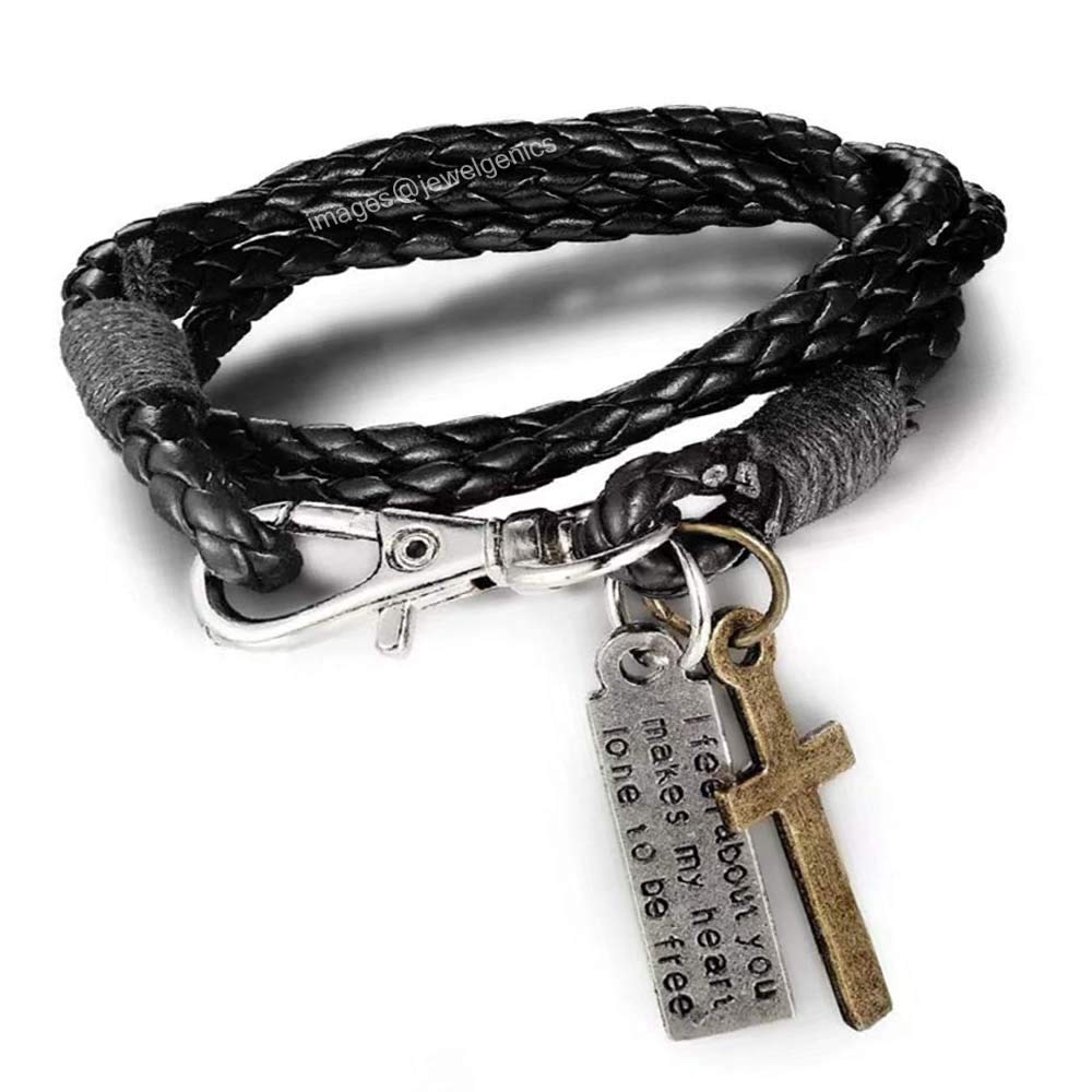 Jewelgenics Multi layer Leather Antique Jesus Christ Cross Catholic Bracelet for Men and Women (Black)