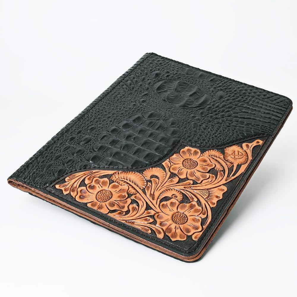 American Darling Crocodile Embossed Leather Portfolio Bag – Hand Tooled Genuine Leather Western Business Organizer